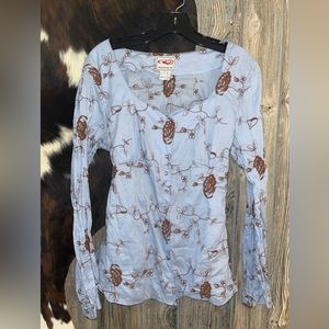 Baby blue with brown floral embroidery scoop neck pearl and tie back western top